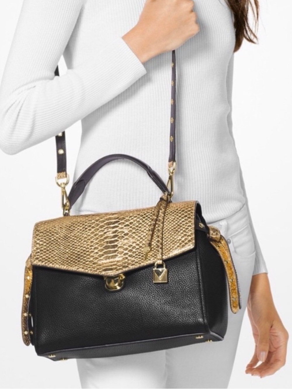 GENUINE Michael Kors Bristol Black leather satchel with gold embossed snake
